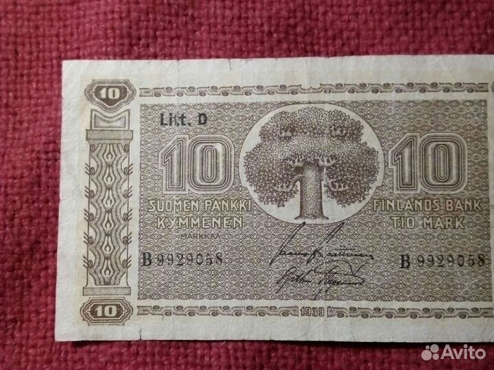 Финляндия Бона 10 марок 1939 год/VF.Litt.D