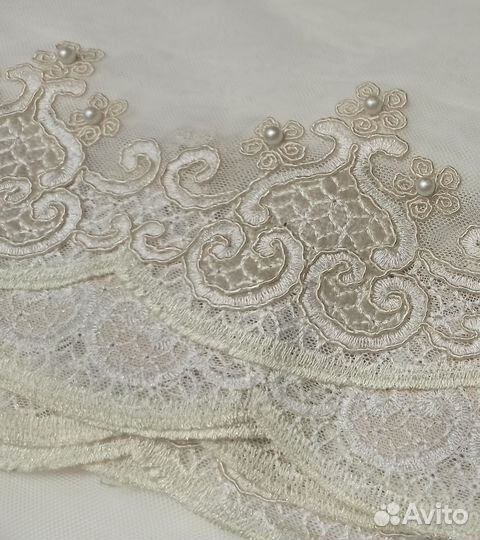Тюль сетка бархатный купон по низу вышивка жемчуг