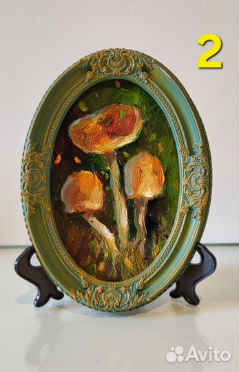 Грибы. Картина маслом в красивой Винтажной рамке