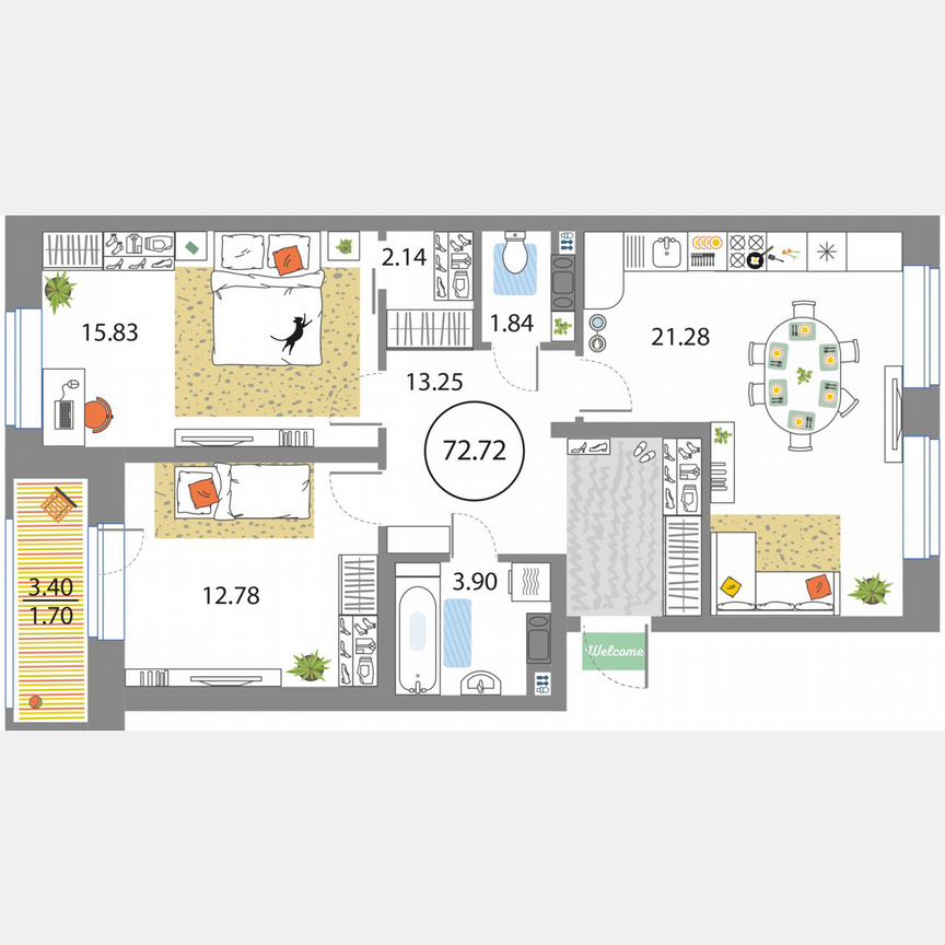 2-к. квартира, 72,7 м², 5/12 эт.