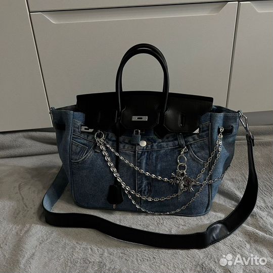 Сумка женская джинс и кожи в стиле Hermes Birkin