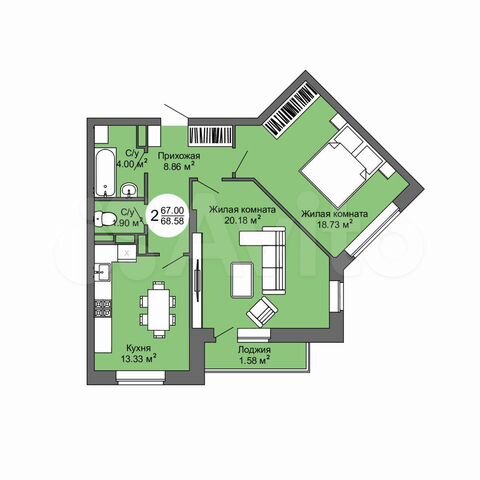 2-к. квартира, 68,6 м², 7/17 эт.