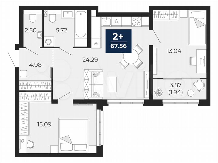 2-к. квартира, 67,6 м², 1/21 эт.