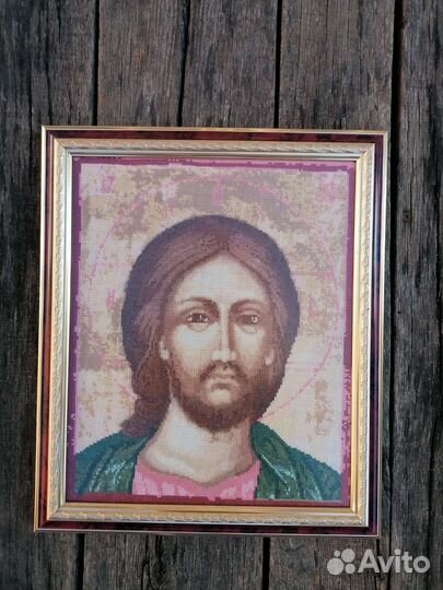 Картины вышитая вручную. Икона Иисус Христос