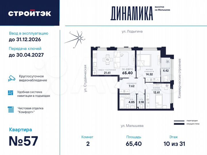 2-к. квартира, 65,4 м², 10/33 эт.