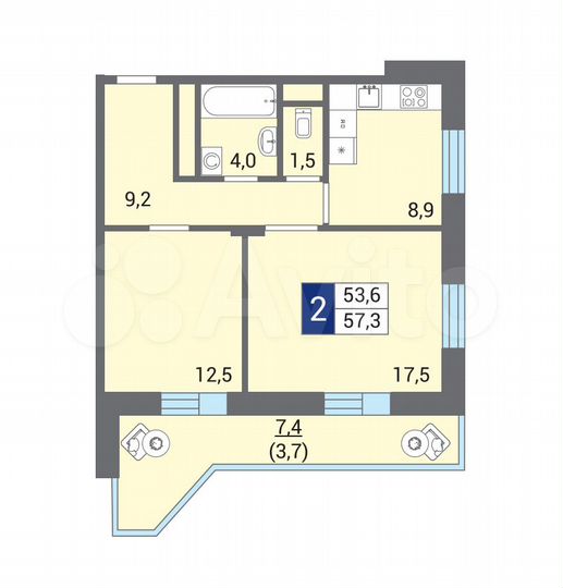 2-к. квартира, 57 м², 8/12 эт.