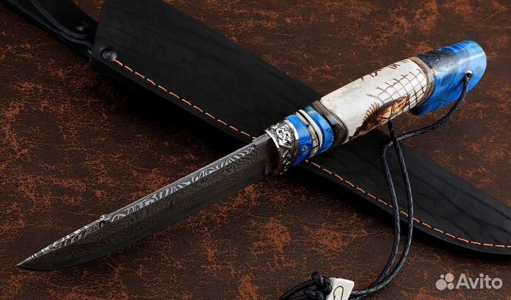 Нож Барракуда дамаск торцевой, рукоять карельская