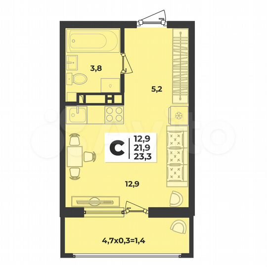 Квартира-студия, 23,3 м², 4/9 эт.