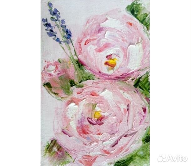 Картина маслом на холсте розовые цветы, 10х15см