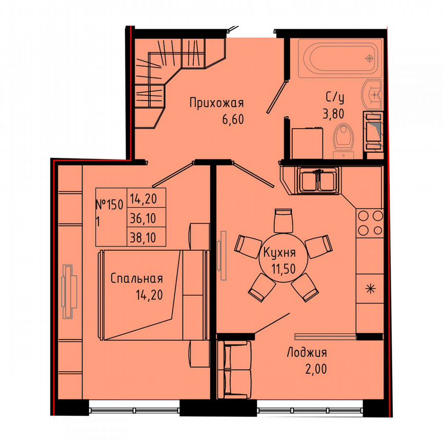 1-к. квартира, 38,1 м², 7/8 эт.