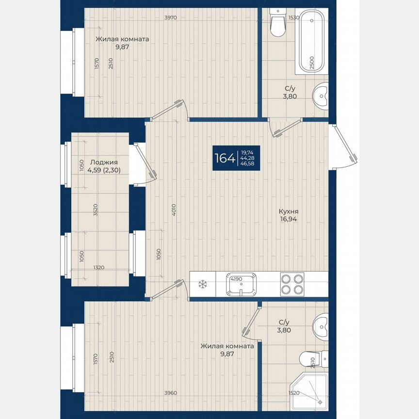 2-к. квартира, 46,6 м², 1/12 эт.