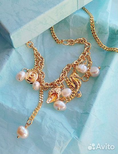 Колье цепь с подвесками с жемчугом