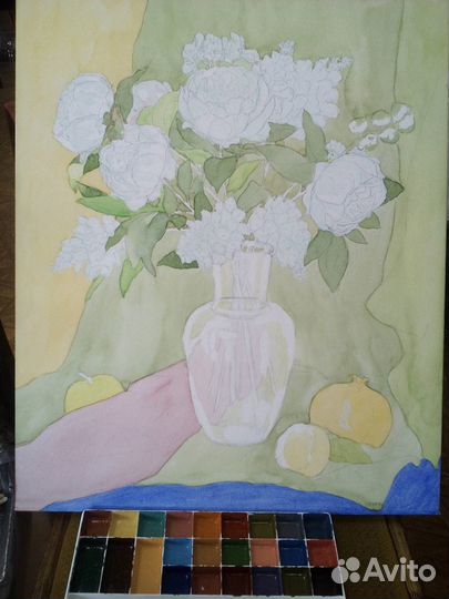 Картина С пионами акварель