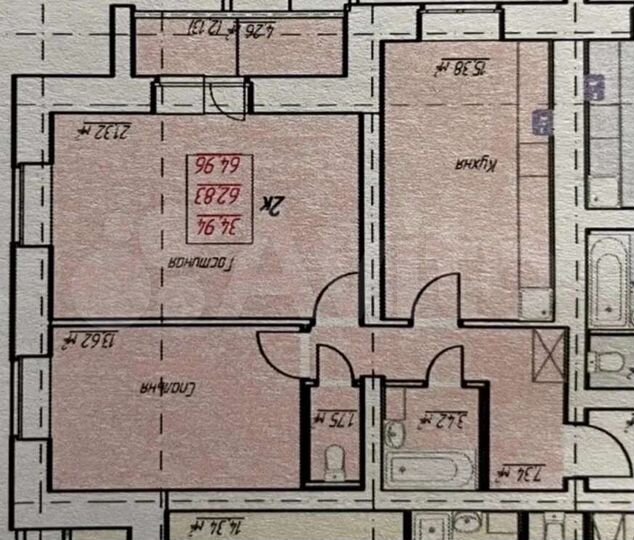 2-к. квартира, 65 м², 3/9 эт.