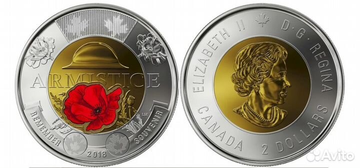 Канада 2 доллара 2018 Перемирие цветная UNC