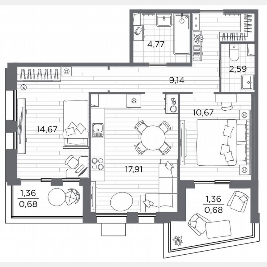 2-к. квартира, 61,3 м², 2/13 эт.
