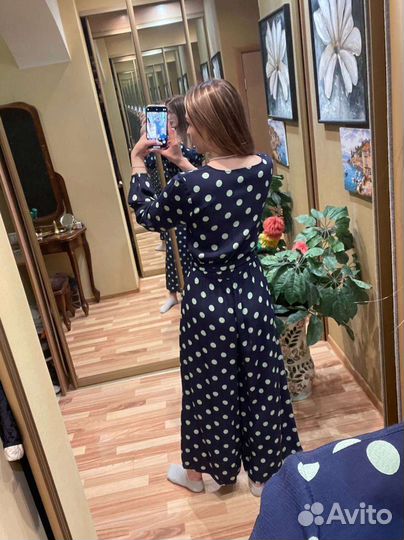 Комбинезон женский летний 46 горох зеленый на син