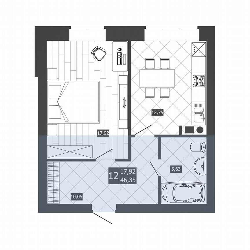1-к. квартира, 46,4 м², 3/3 эт.