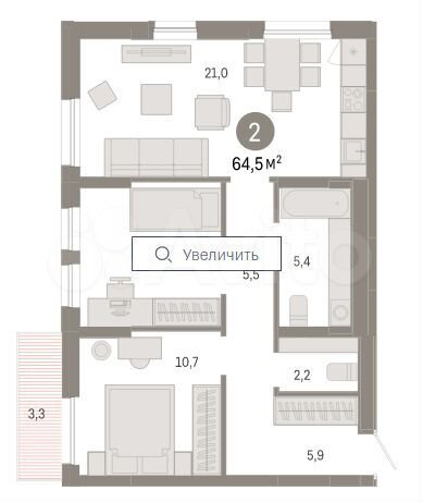 2-к. квартира, 64,5 м², 3/9 эт.