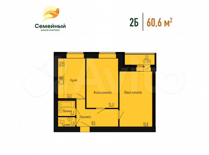 2-к. квартира, 60,6 м², 9/12 эт.