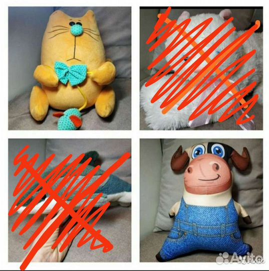 Мягкие игрушки котик, дельфин, корова