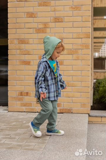 Рубашка в клетку теплая детская 98-122 голубая