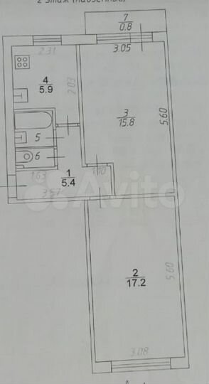 Комната 17,2 м² в 2-к., 2/5 эт.
