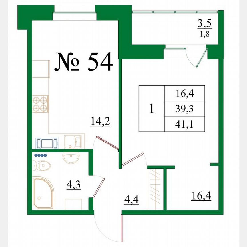1-к. квартира, 41,1 м², 7/8 эт.