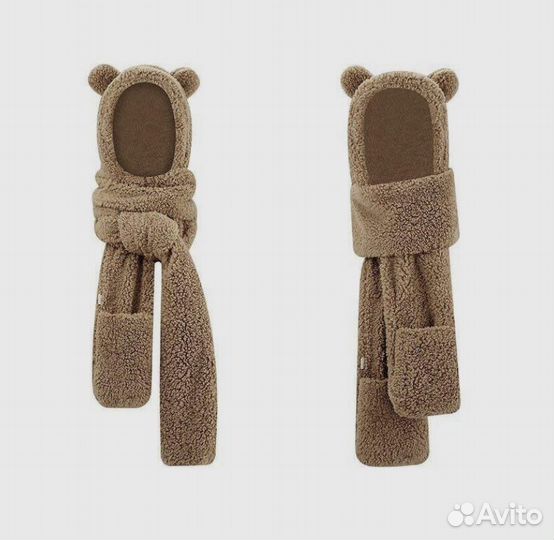 Шапка шарф варежки мишка с ушками 3в1