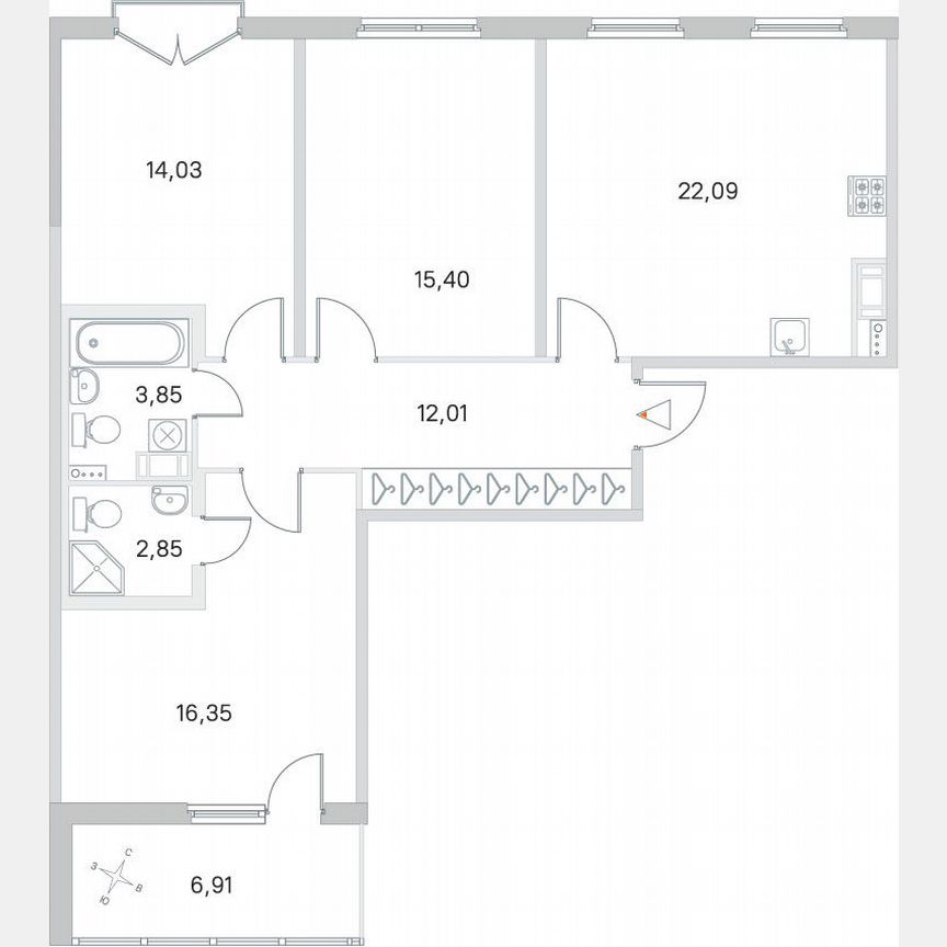 3-к. квартира, 90 м², 3/4 эт.