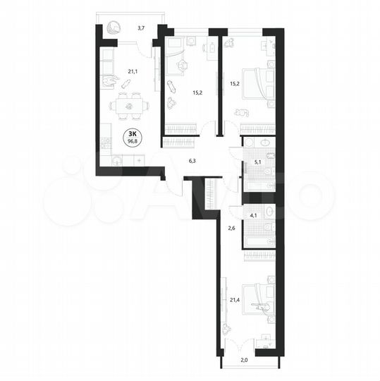 3-к. квартира, 96,8 м², 9/22 эт.