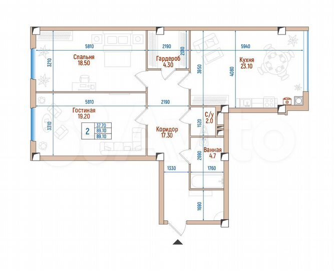 2-к. квартира, 89,1 м², 7/8 эт.