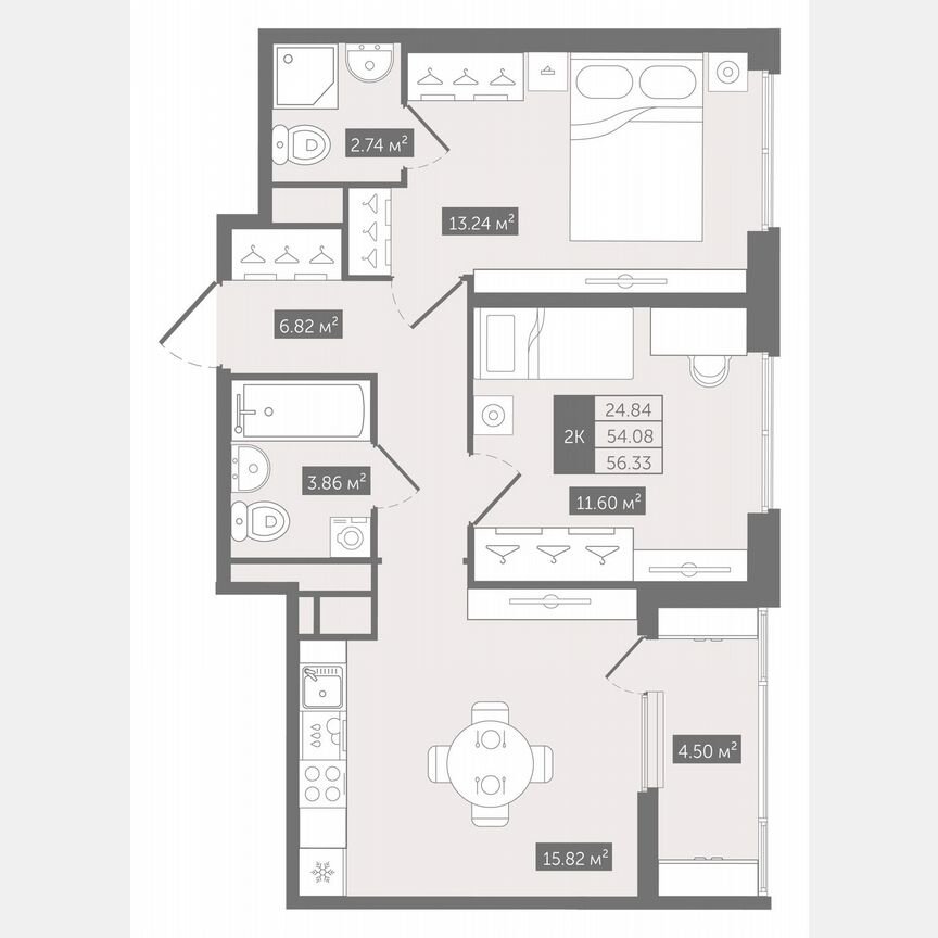 2-к. квартира, 56,3 м², 6/10 эт.