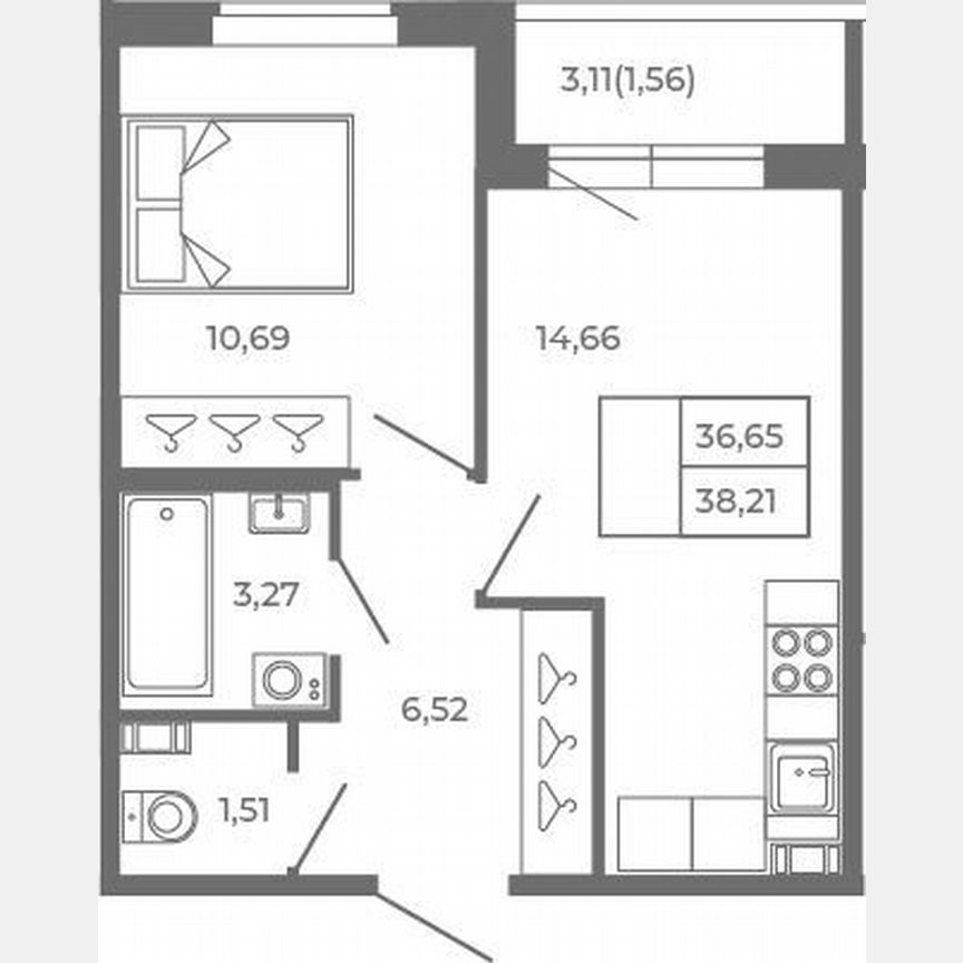 1-к. квартира, 36,7 м², 2/4 эт.