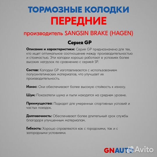 Тормозные колодки передние GP1716A Sangsin Brake