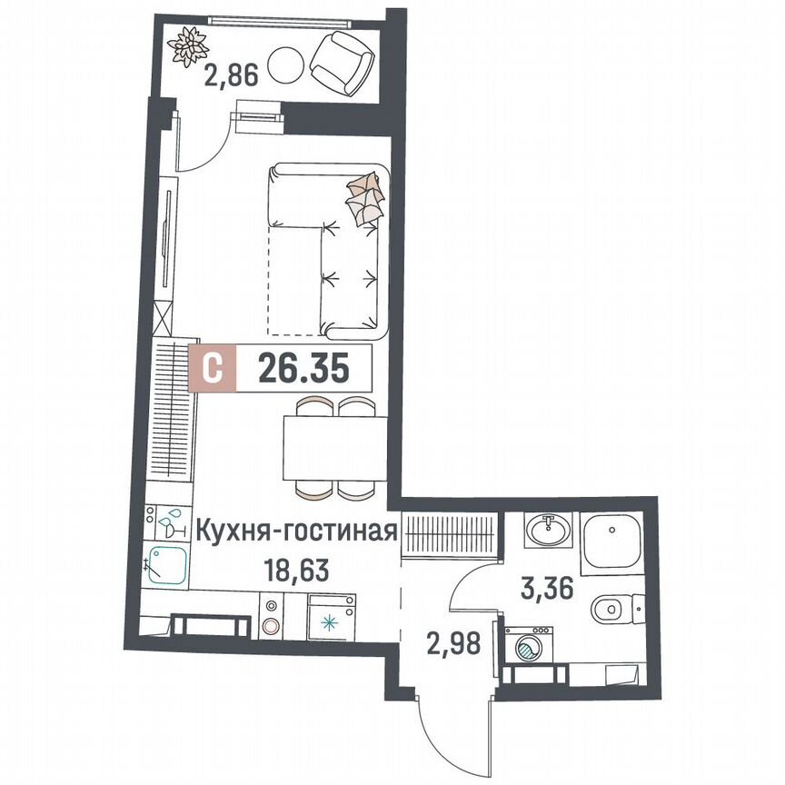Квартира-студия, 26,4 м², 9/18 эт.
