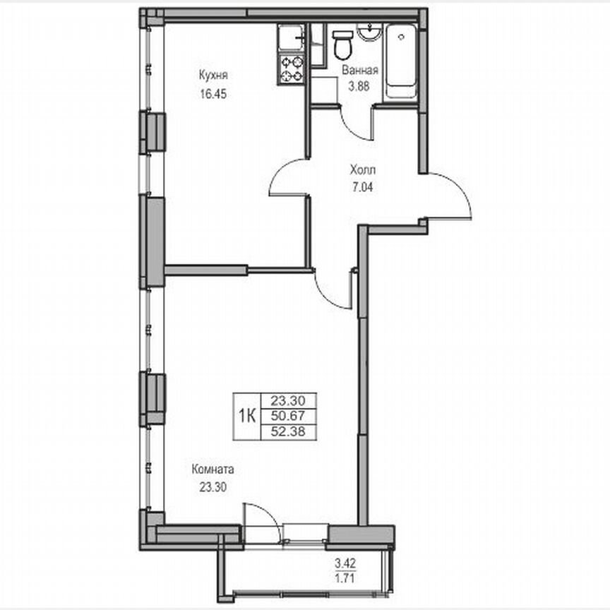 1-к. квартира, 52,4 м², 2/23 эт.