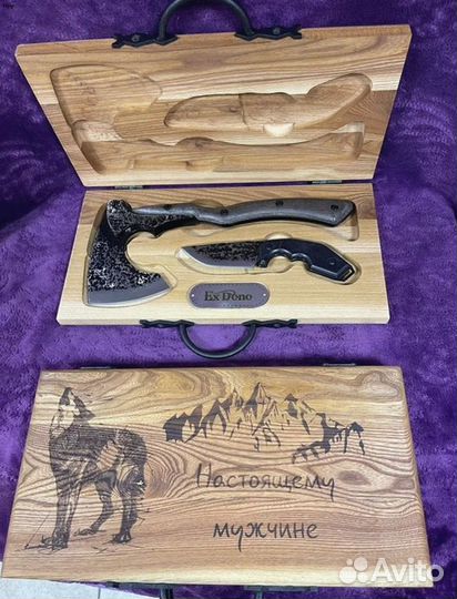 Топор и нож в кейсе из массива дерева карагач