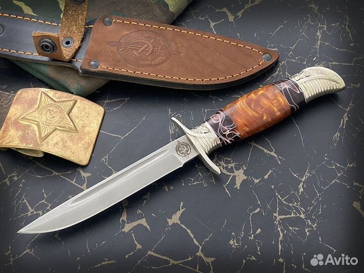 Нож финка «нквд», сталь К340, рукоять акрил коричневого цвета, литье мельхиор