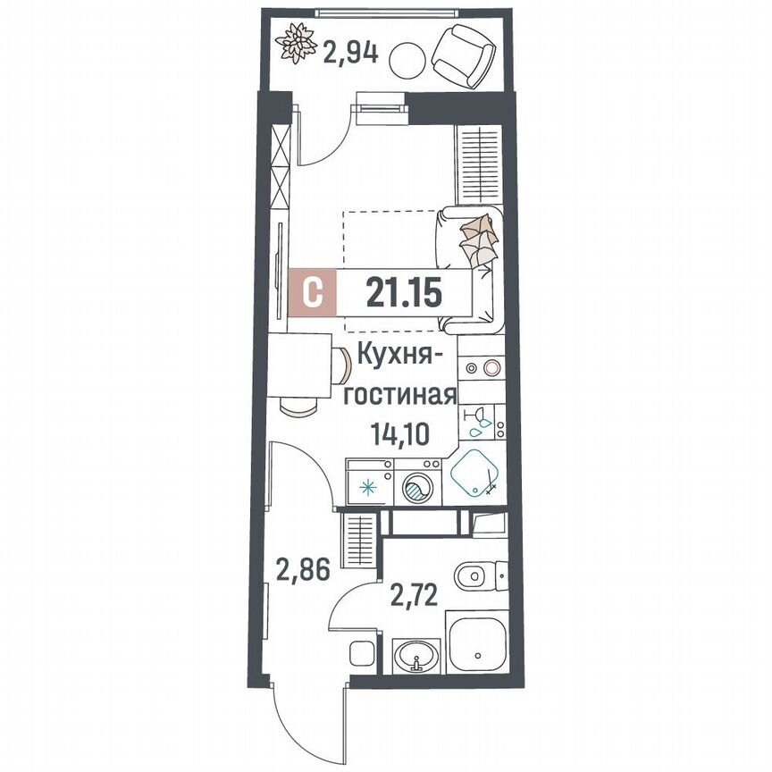 Квартира-студия, 21,2 м², 7/18 эт.