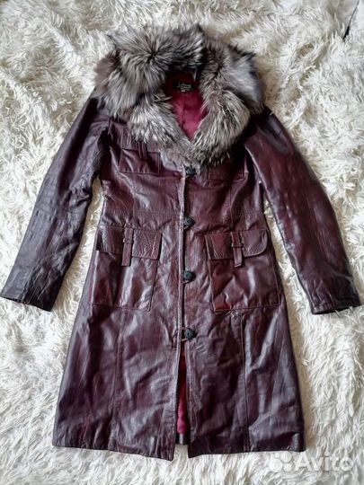 Итальянское кожанное пальто с натуральным мехом