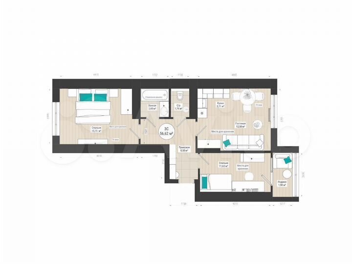 3-к. квартира, 56,6 м², 16/27 эт.