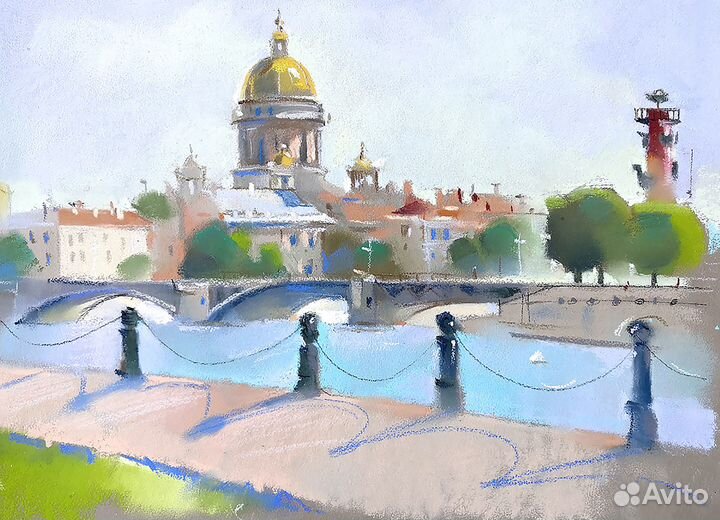 Картина сухой пастелью вид на Дворцовый мост
