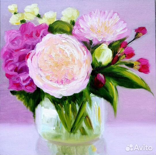 Букет цветов в вазе картина 20х20 см