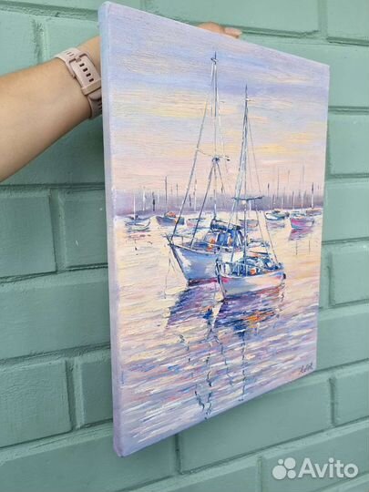 Картина маслом лодки морской пейзаж море на холсте