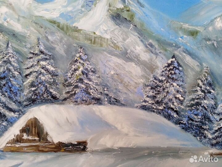 Картина маслом на холсте. Зимний пейзаж. Большая