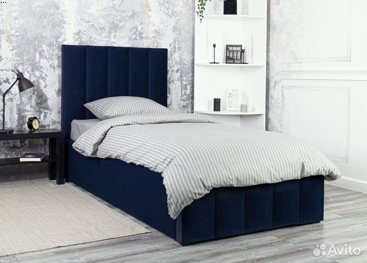 Кровать односпальная Богема 90х200 в велюре Синяя