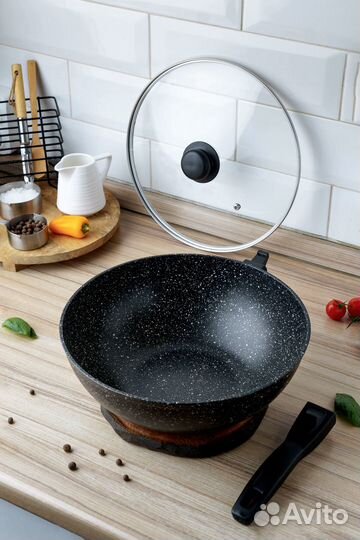 Сковорода вок 28 см с крышкой и съемной ручкой