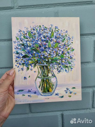Картина маслом незабудки цветы в вазе миниатюра
