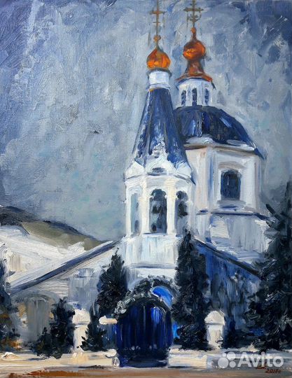 Картина маслом на холсте Зимний пейзаж с храмом